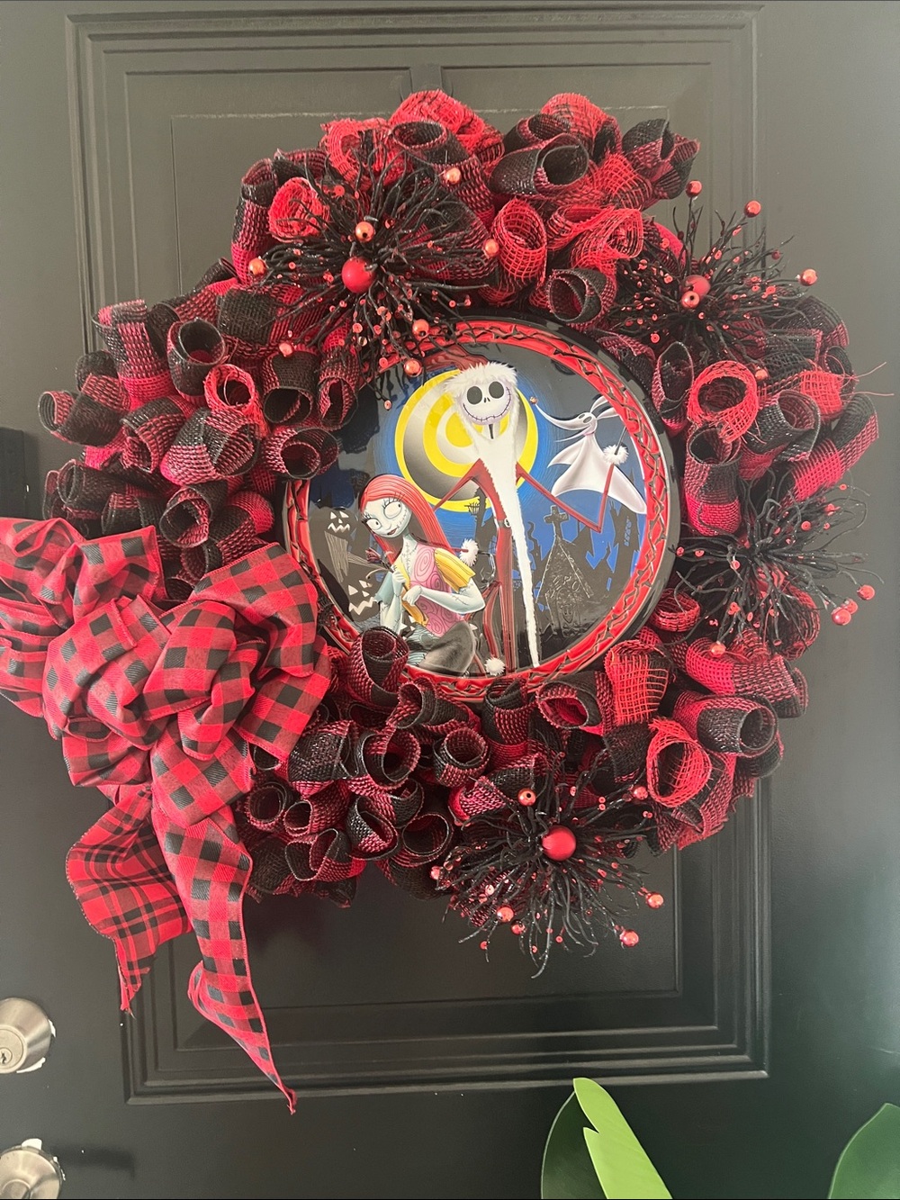 Nightmare Before Christmas Red & Black Plaid Holiday Wreath With Bows & Accents